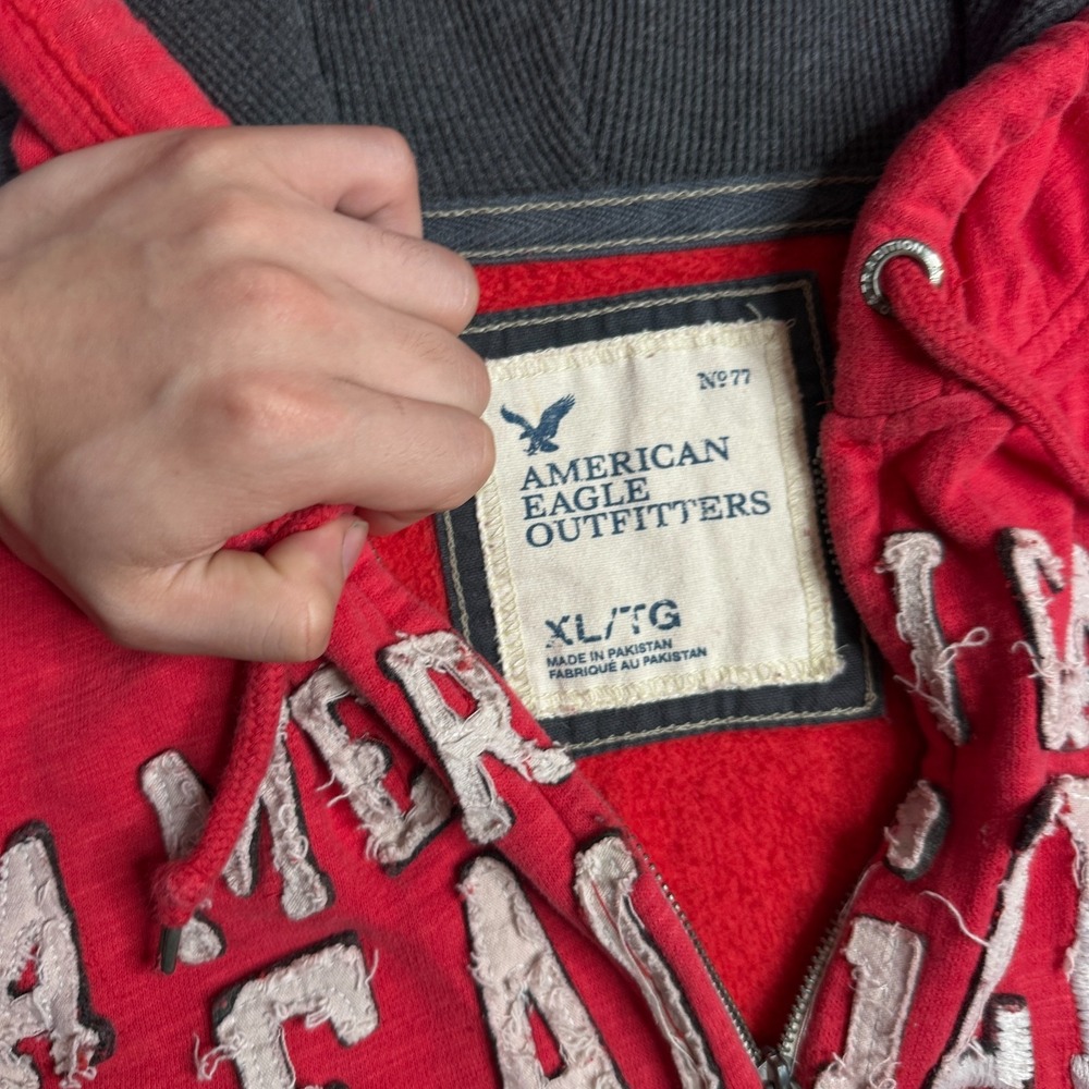 Vintage Y2k American Eagle Red Full Zip Hoodie Size X-Large Walffle Knit Hood - Picture 6 of 7